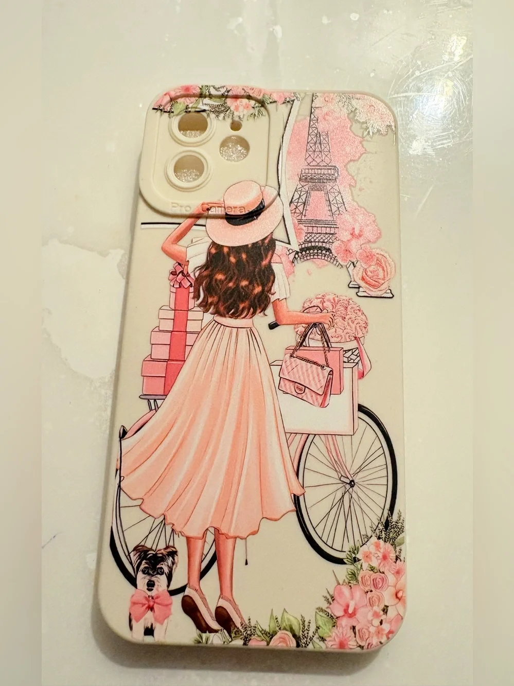 Pink Paris Fashion Phone Case with Bicycle Illustration for iPhone 12